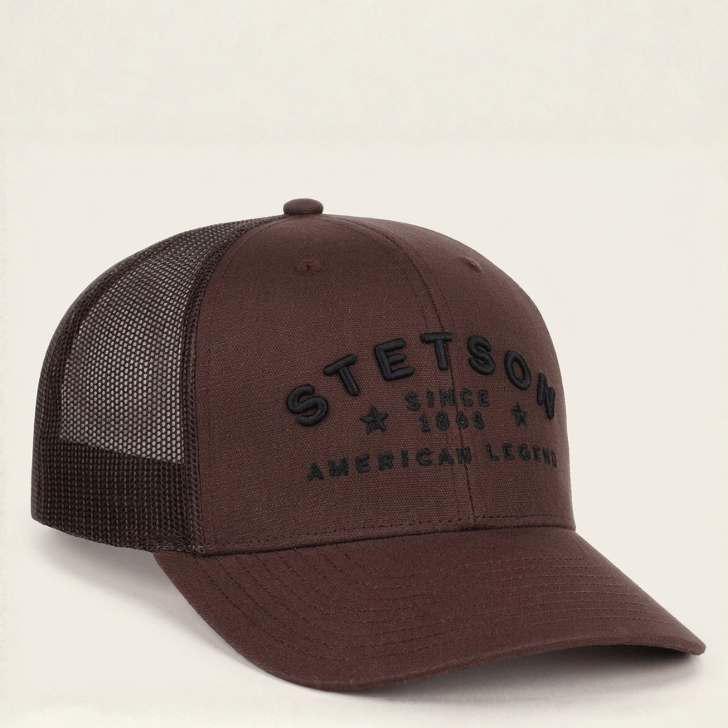 Gorra marrón con bordado frontal discreto y malla trasera.