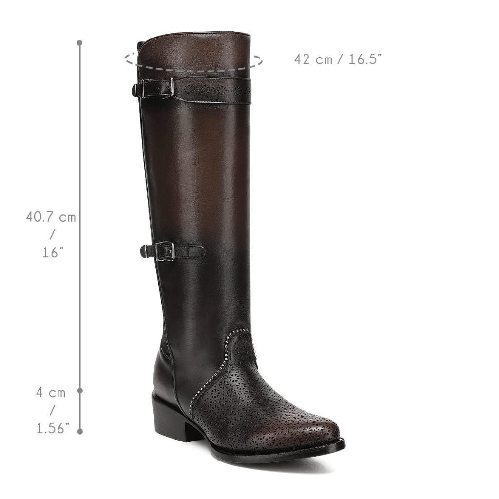 Bota completa mostrada en foto vertical con dimensiones.