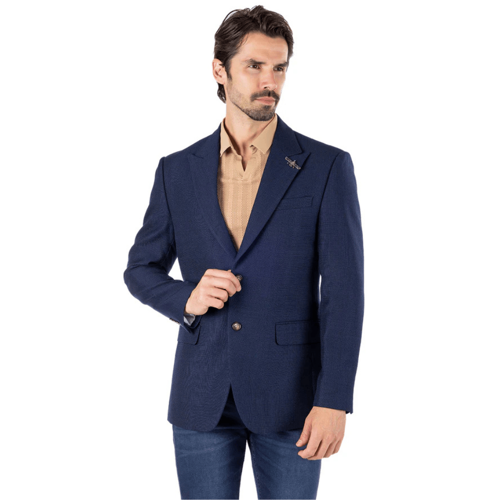 Blazer azul navy con corte slim, vista frontal, look elegante y moderno.