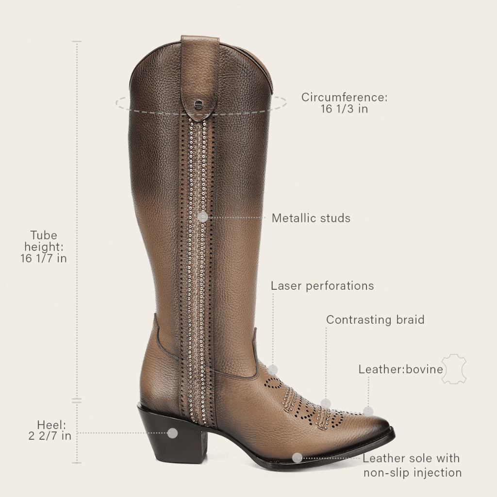 Primer plano de materiales y detalles constructivos de la bota.