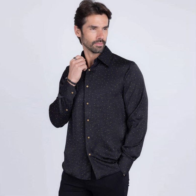 Shirt with Floral Texture and Black Gold Rhinestones