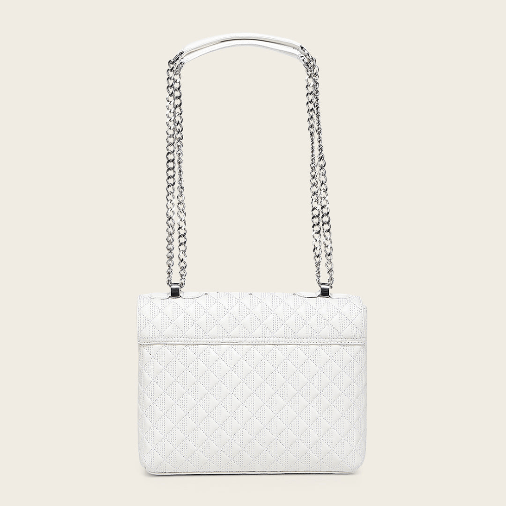 Parte trasera del bolso con capitonado uniforme y bolsillo exterior.