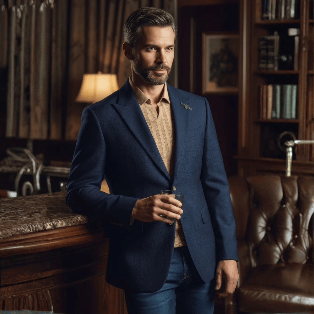 Blazer azul navy en ambiente interior, look sofisticado y refinado.