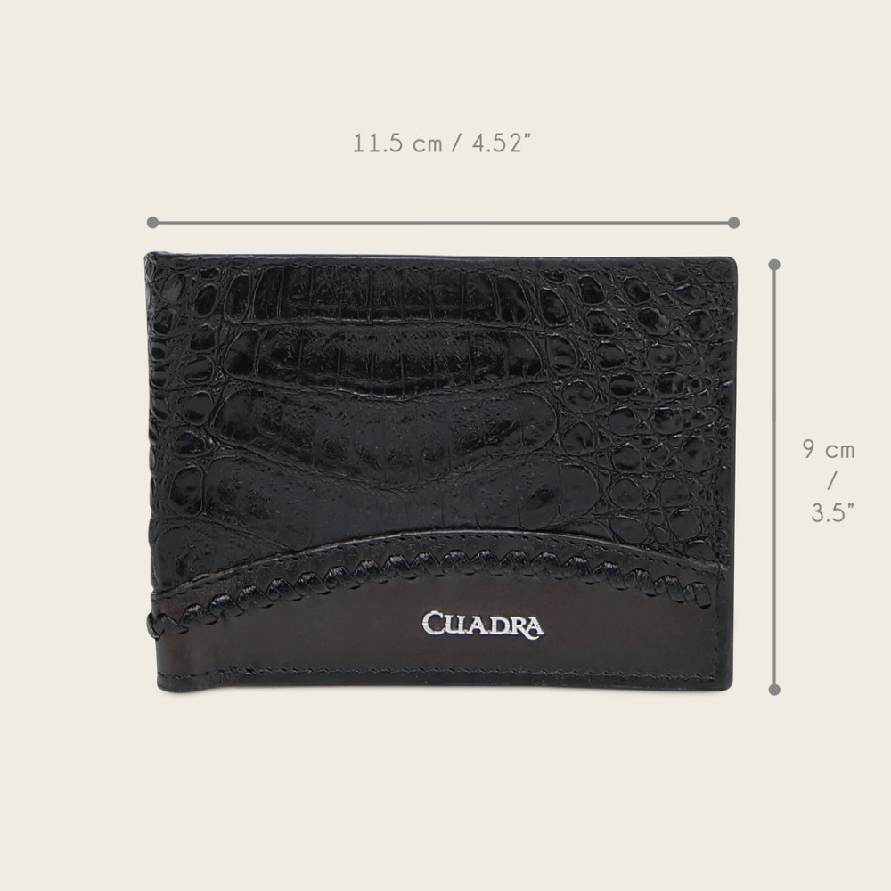 La cartera se muestra cerrada junto a un esquema con sus dimensiones.