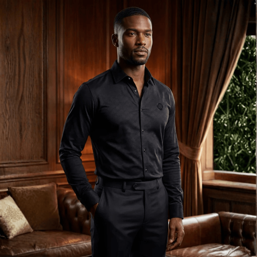 Camisa en ambiente interior, look nocturno sofisticado y de alto impacto visual.