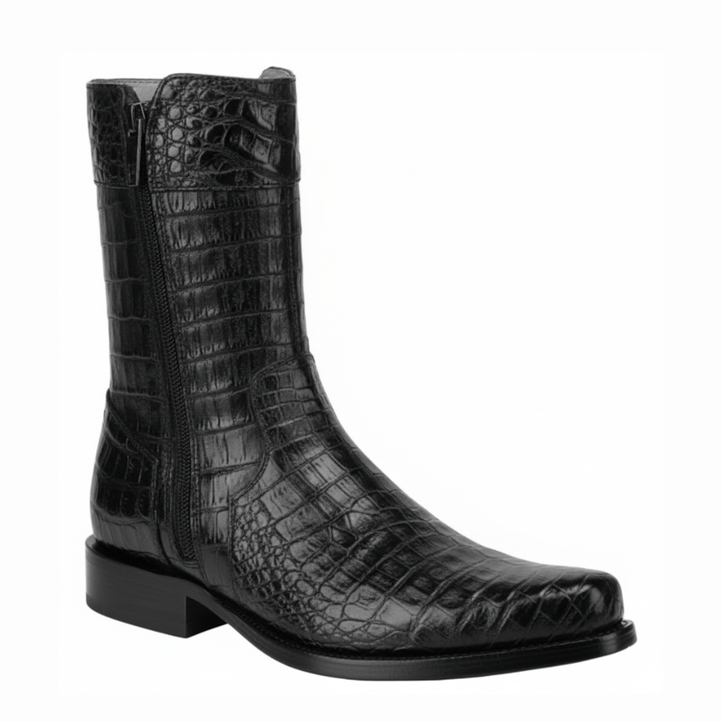 Bota negra en piel de caimán con textura completa, cierre lateral y tacón bajo.