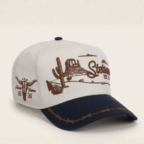 Gorra con bordado de paisaje desértico y visera con detalle de púas.