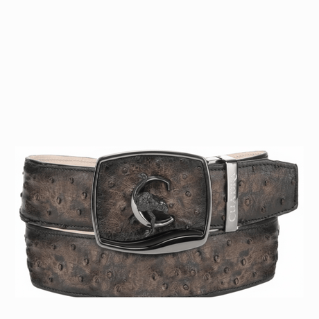 Cinturón café oscuro de avestruz con hebilla metálica y logotipo Cuadra.