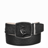 Cinturón negro de avestruz con hebilla metálica y logotipo Cuadra.