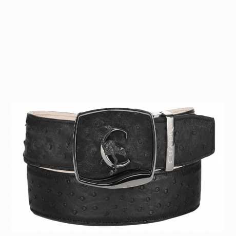 Cinturón negro de avestruz con hebilla metálica y logotipo Cuadra.