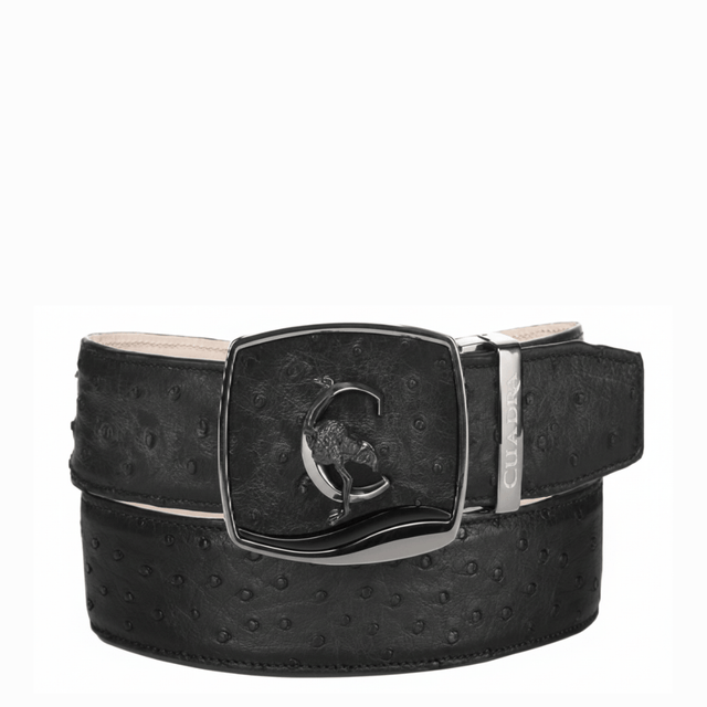 Cinturón negro de avestruz con hebilla metálica y logotipo Cuadra.