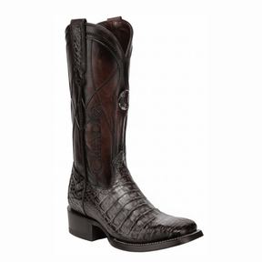 Bota gris de caimán con textura marcada y diseño western elegante.