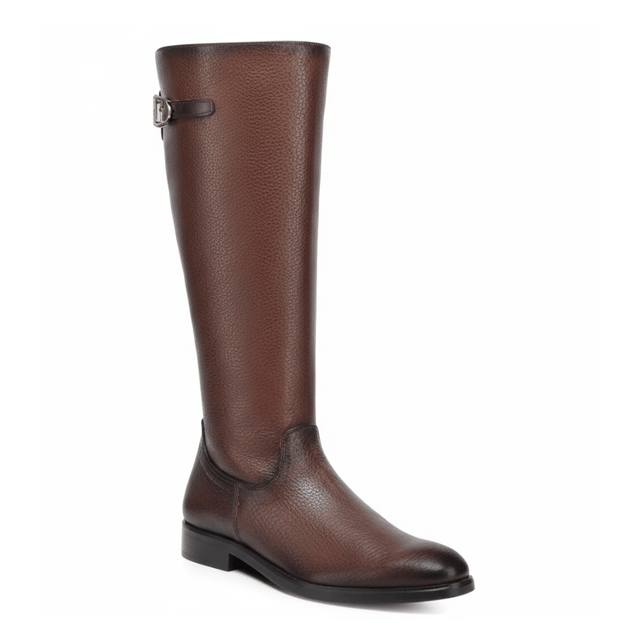 Bota alta color miel en piel texturizada con herraje lateral y suela negra.