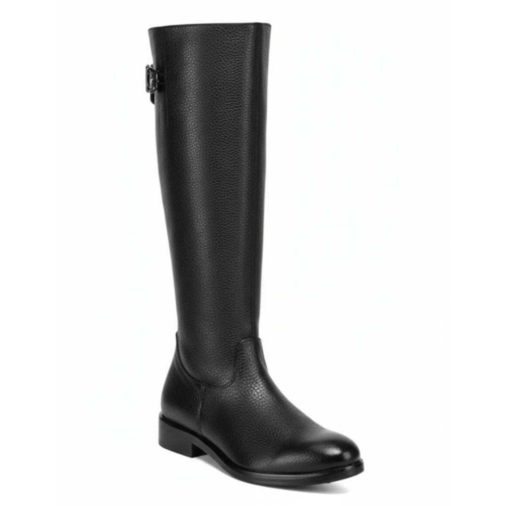 Bota alta color negro en piel texturizada con herraje lateral.