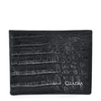 Cartera negra bifold en piel de caimán con textura marcada.