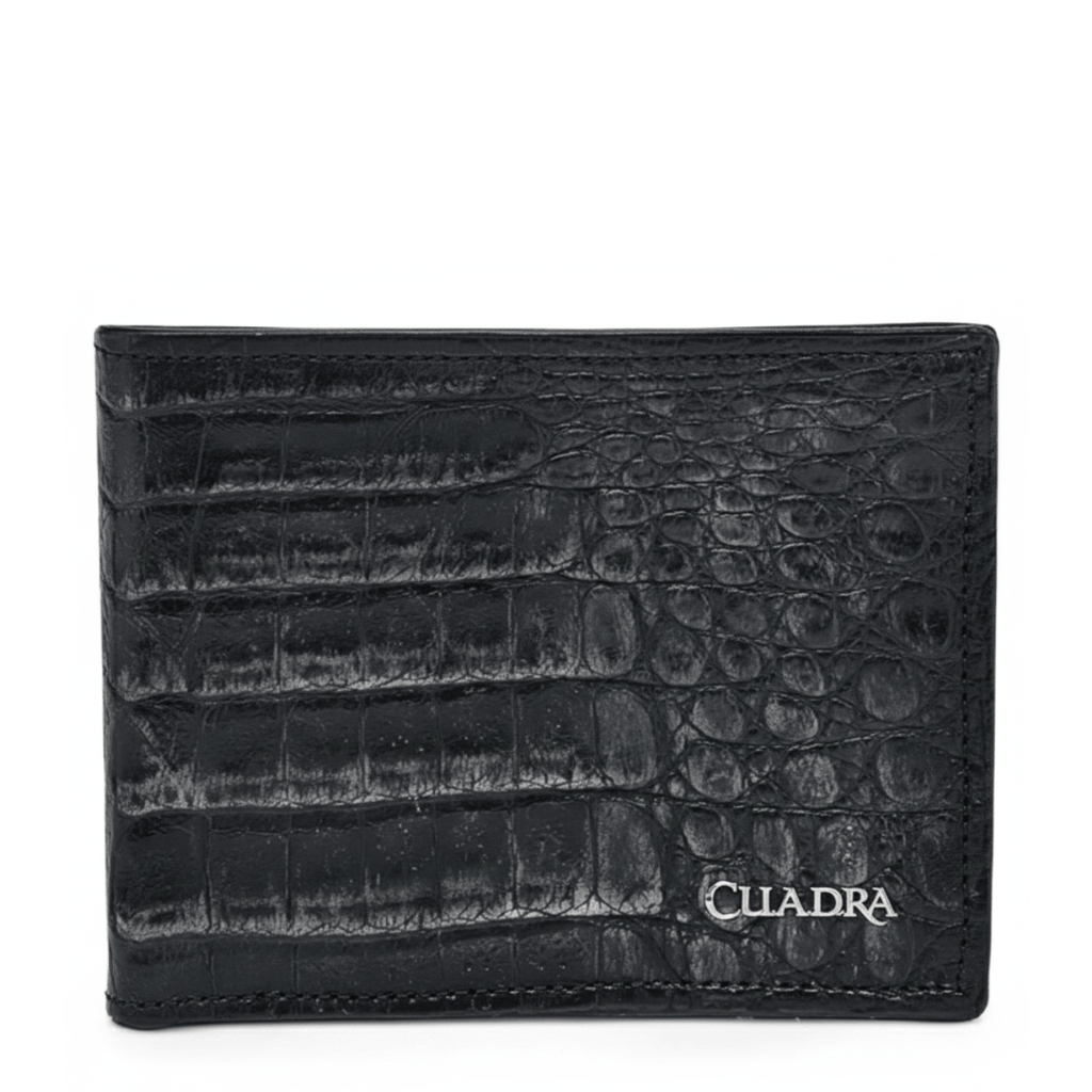 Cartera negra bifold en piel de caimán con textura marcada.