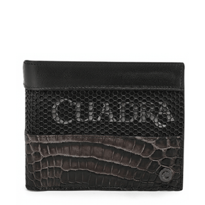 Cartera oxford con franja inferior en piel exotica y panel superior texturizado.