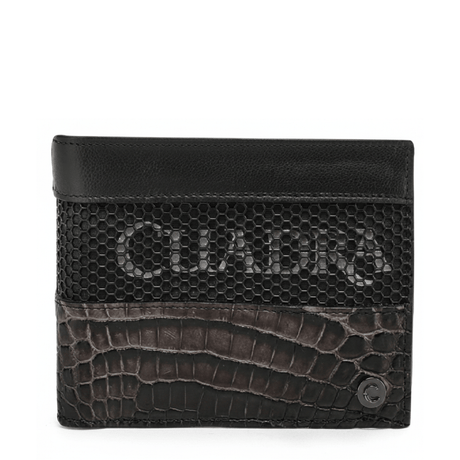 Cartera oxford con franja inferior en piel exotica y panel superior texturizado.