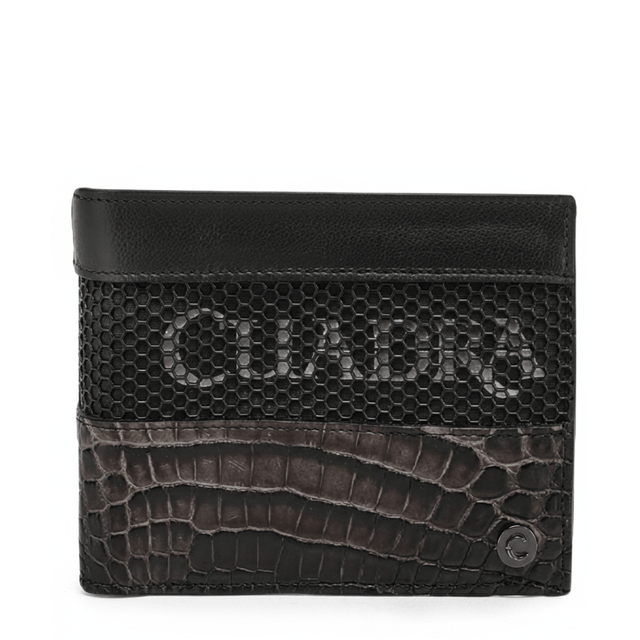 Cartera oxford con franja inferior en piel exotica y panel superior texturizado.