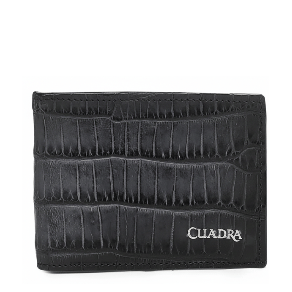 Cartera azul bifold en piel de alligator con escamas horizontales y logotipo.