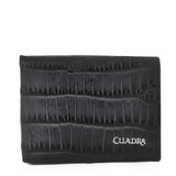 Cartera azul bifold en piel de alligator con escamas horizontales y logotipo.