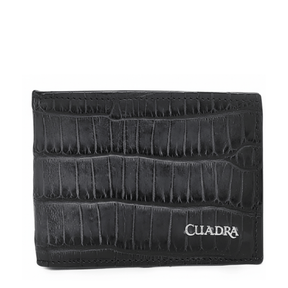 Cartera azul bifold en piel de alligator con escamas horizontales y logotipo.