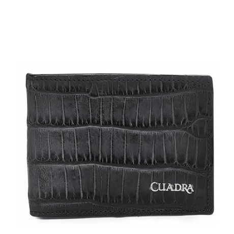 Cartera azul bifold en piel de alligator con escamas horizontales y logotipo.