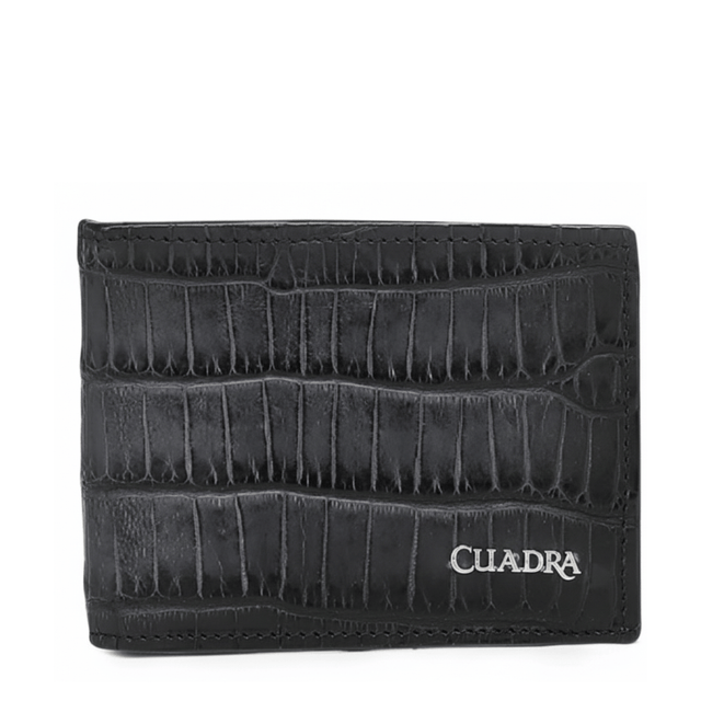 Cartera azul bifold en piel de alligator con escamas horizontales y logotipo.