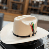 Sombrero beige con pluma tricolor y cincho negro.