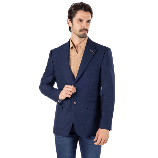 Blazer azul navy con corte slim, vista frontal, look elegante y moderno.