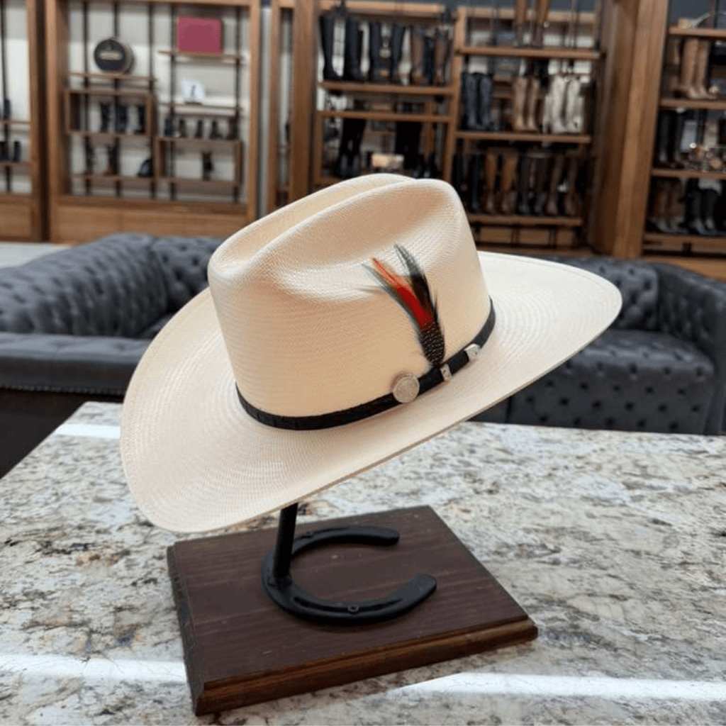 Vista lateral con copa cattleman, ala curvada y banda con pluma.