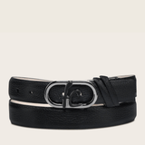 Cinto negro en piel de venado con hebilla metálica ovalada y logo Cuadra.