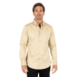 Vista frontal de camisa beige satinada con botones y corte limpio.