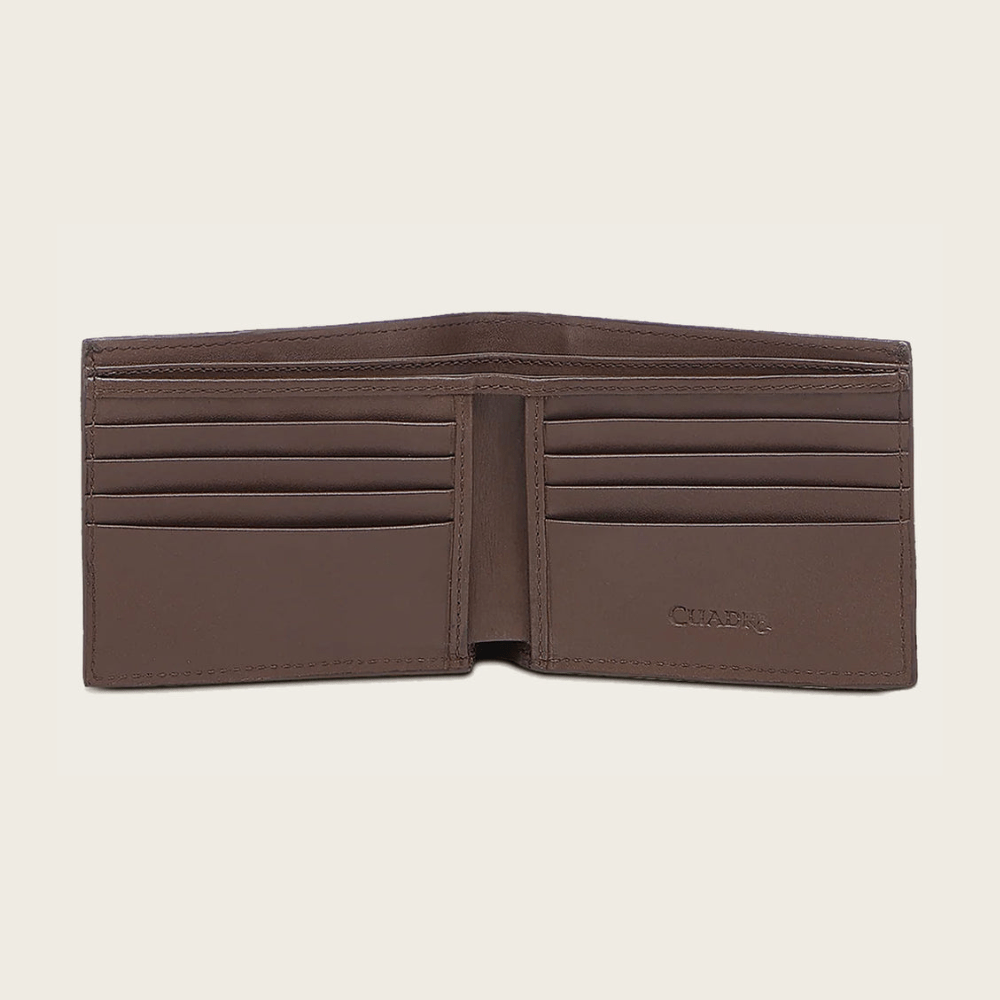 Muestra los espacios para tarjetas y billetes bien organizados.