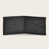 Interior con espacios organizados para tarjetas y compartimentos para billetes.