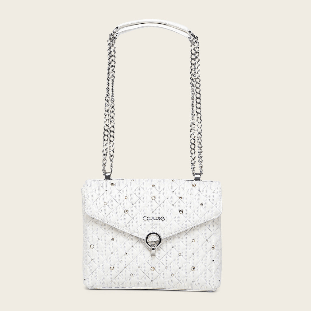 Vista del bolso completo con asa de cadena doble extendida.