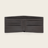 Cartera desplegada con ocho espacios para tarjetas y dos para billetes visibles.