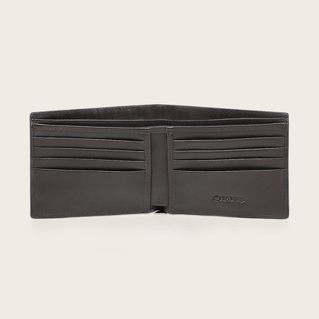 Cartera desplegada con ocho espacios para tarjetas y dos para billetes visibles.