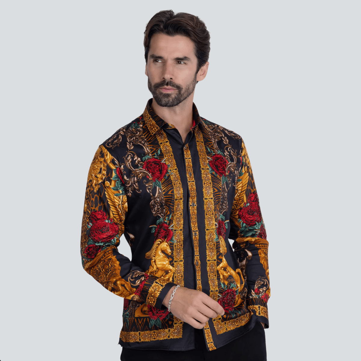 Radiant Sculpt Rhinestone Long Sleeve Black/Gold Shirt