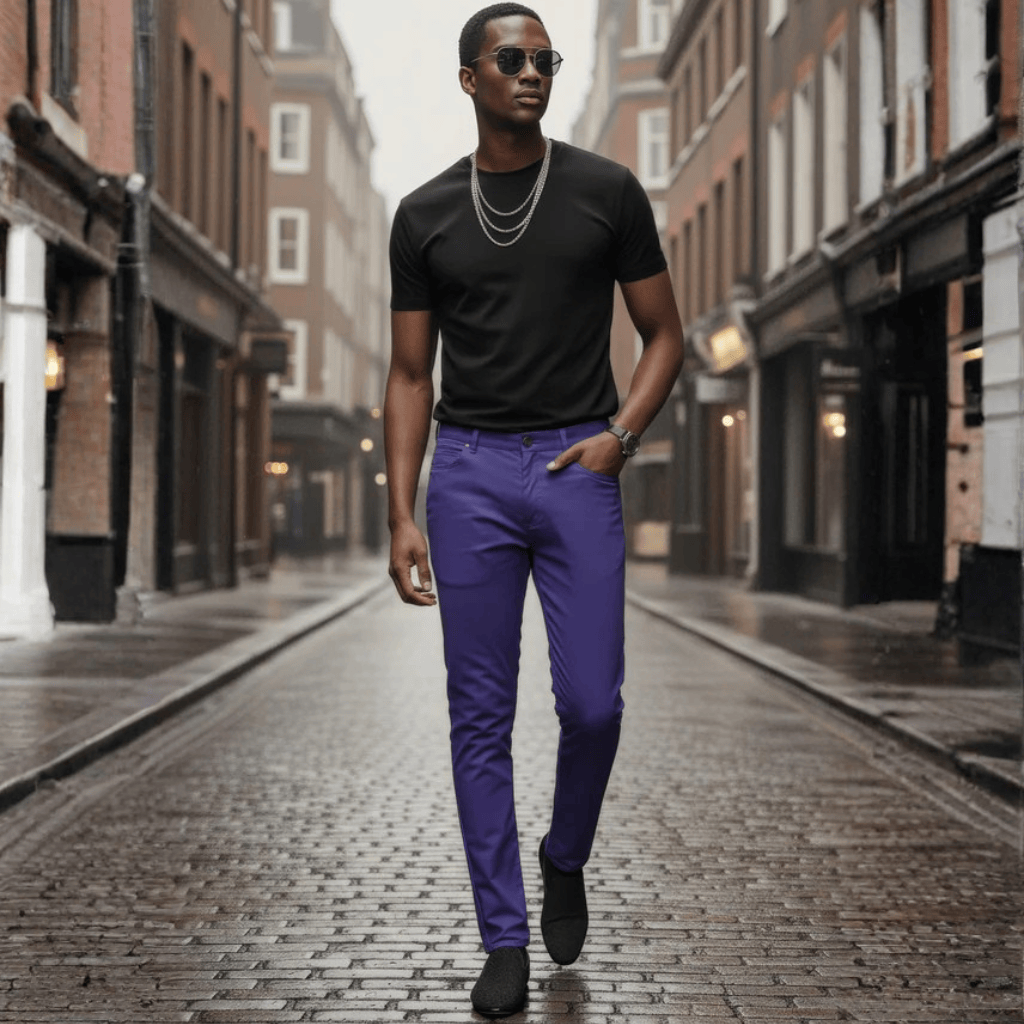 Hombre caminando por calle urbana con pantalón azul intenso.