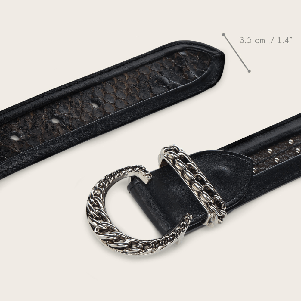 Detalle de la hebilla y la punta del cinturón, medidas del cinto.