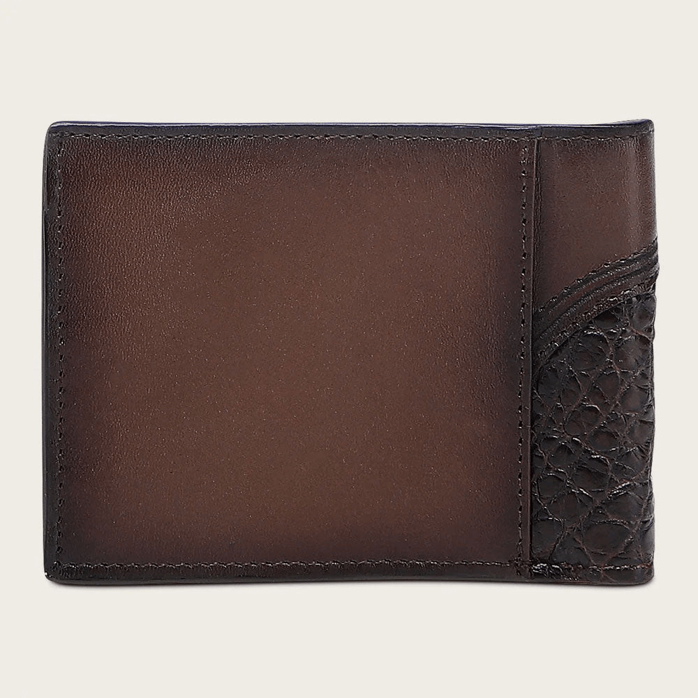 Superficie uniforme en piel con esquina en textura de piel de alligator café.