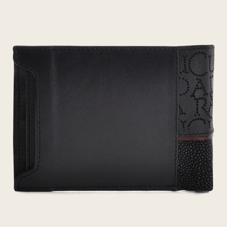 Parte posterior en piel negra con continuidad del diseño grabado.