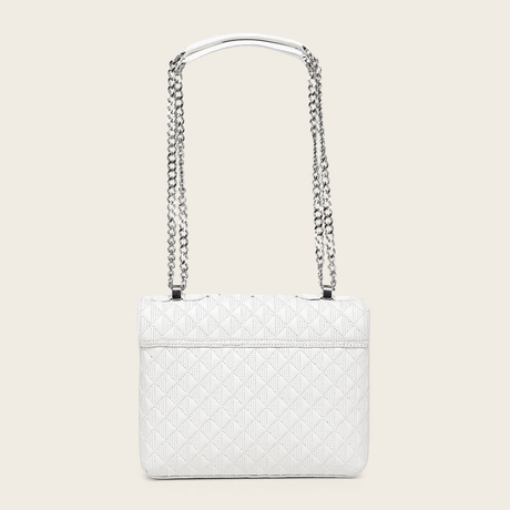 Parte trasera del bolso con capitonado uniforme y bolsillo exterior.