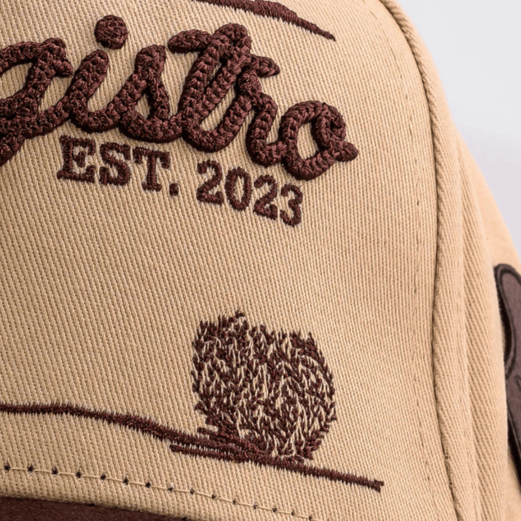 Primer plano de la gorra con vista al detalle bordado.