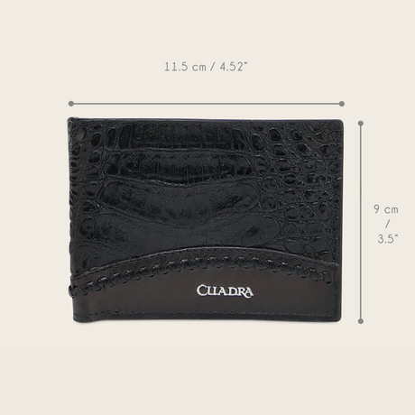 La cartera se muestra cerrada junto a un esquema con sus dimensiones.