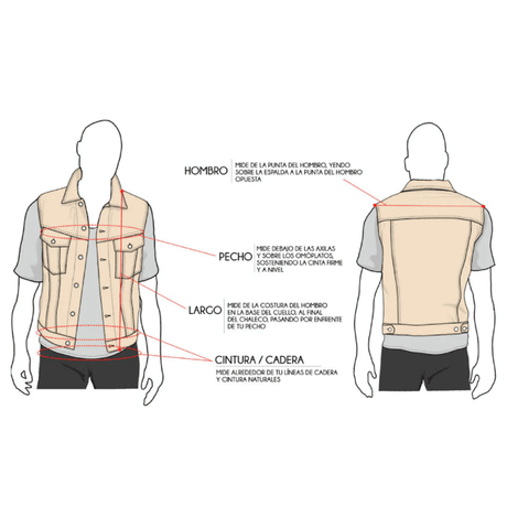 Ilustración técnica de cómo tomar medidas para un chaleco.