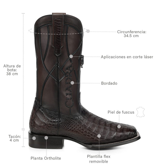 Bota vaquera Cuadra Insignia Caimán Chocolate – ficha técnica con medidas