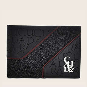 Cartera en piel de mantarraya,detalles rojos y grabado de letras en relieve.