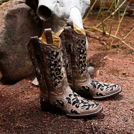 Bota Vaquera Corral Con Cristales Gliter Negro